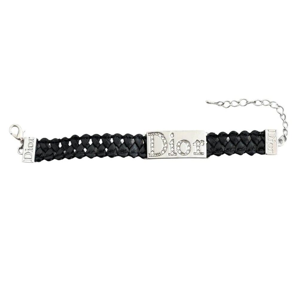 VTG CHRISTIAN DIOR Rhinestone Logo Plate Bracelet Woven Leather Band Y2K - Picture 3 of 9